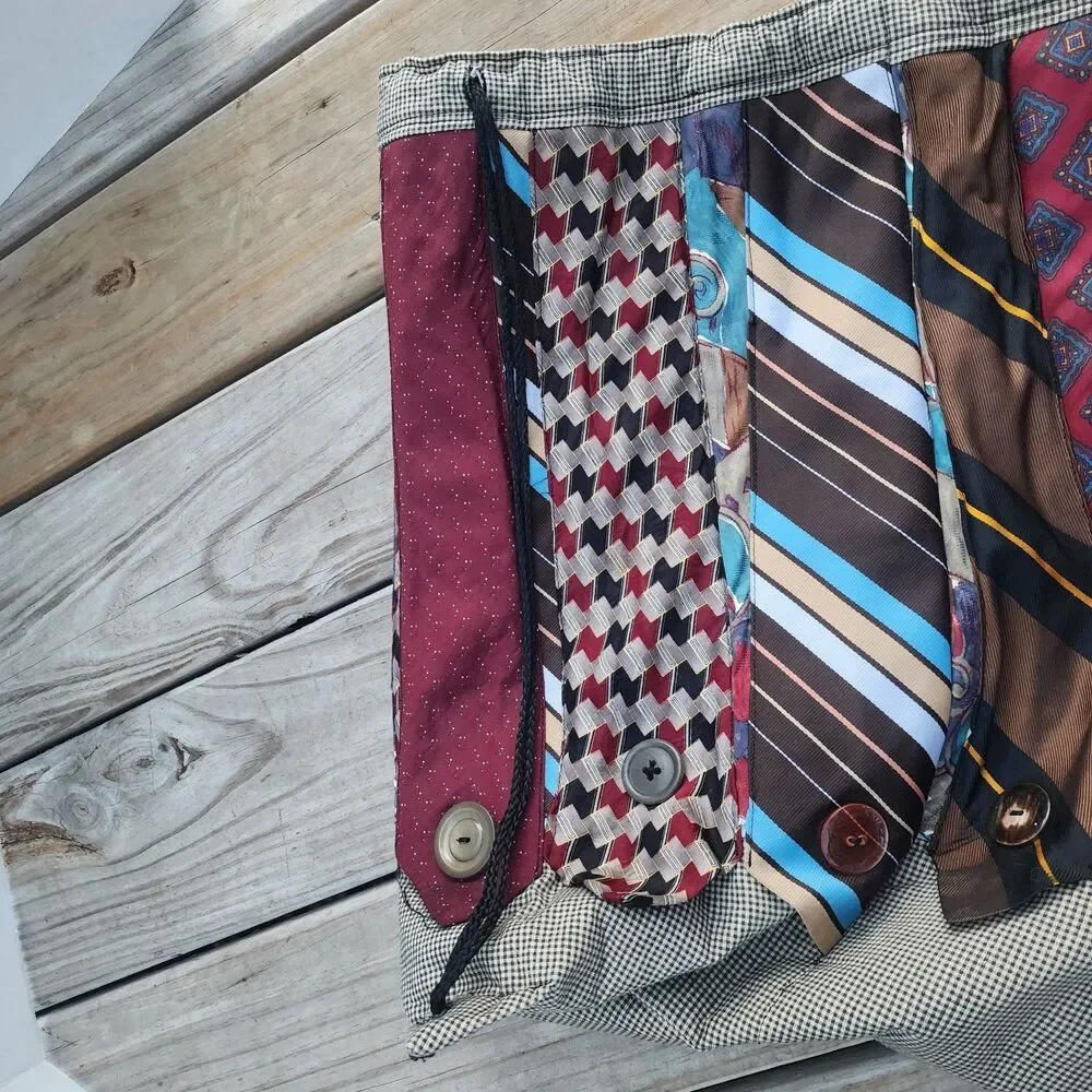 Handmade Necktie Drawstring Patchwork Tote Shoulder Carry All Bag Backpack GC
